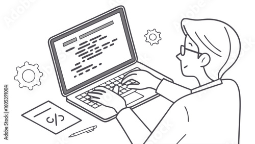Software Developer Coding on Laptop. Programmer Working on Computer. Line Art Illustration.