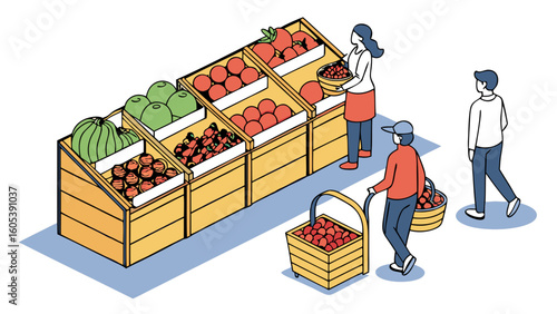 People buying fresh produce at a market. Isometric illustration of grocery shopping for fruits and vegetables from wooden stalls.