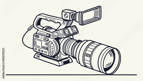 Broadcast Video Camera Line Art Illustration. Professional Camcorder with Large Lens Drawing. Film Production Equipment Icon.