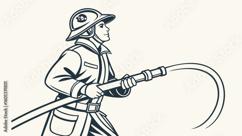 Professional Firefighter with Water Hose Spraying - Vector Line Art