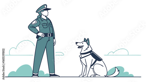Female Police Officer and K9 Dog Illustration. Law enforcement professional with service dog concept.