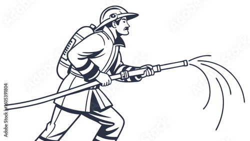 Monochrome illustration of firefighter spraying water from hose. Emergency services professional in uniform and helmet. Fire rescue concept.