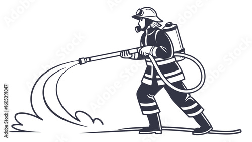 Firefighter Spraying Water with Hose. Emergency Worker Black and White Illustration.