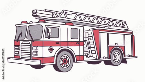 Classic Fire Truck Illustration with Ladder. Emergency Vehicle Vector Art for Firefighting and Rescue.