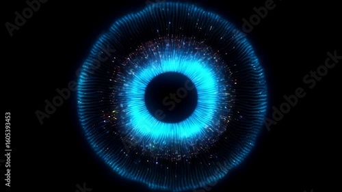 Glowing blue cybernetic iris, digital particle trails in a sci-fi concept of artificial intelligence, biometric scanning, machine vision or futuristic optical technology interface in dark background