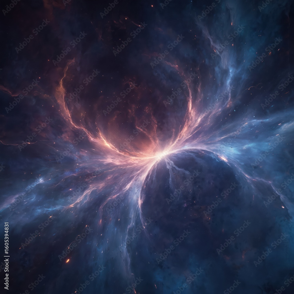 Obraz premium Abstract cosmic nebula with glowing geometric energy. Swirling clouds of pink, orange, red, blue light form vortex against dark space. Features digital art with star-like particles, ideal for