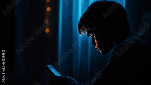 Young man using smartphone in dark room with blue light