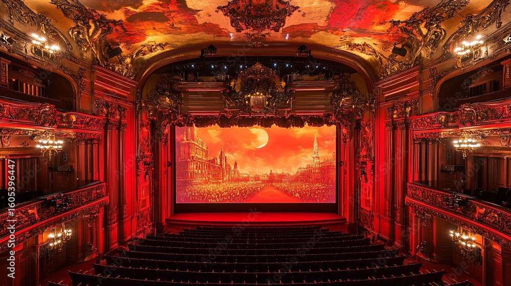 Fototapeta premium Ornate theater interior with red lighting