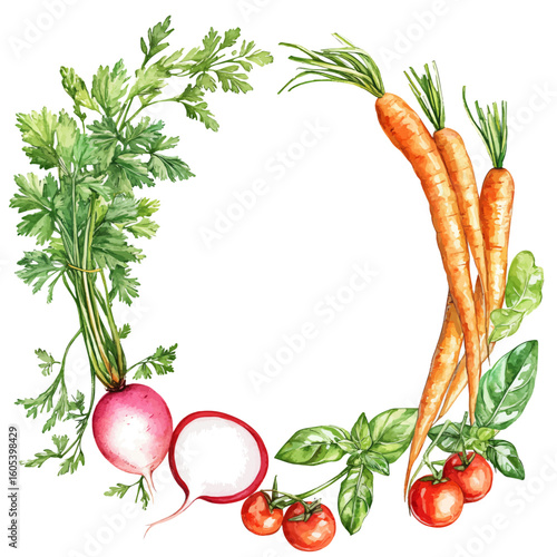 My Watercolor hand-painted frame with fresh garden vegetables painting illustration isolated on a white background, vector illustration, AI painting design, EPS format design. vector illustration