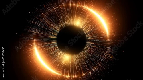 Golden sci-fi inspired circular eye, electric energy streams and pulsating light flares radiating from center resembling digital neural pathways or futuristic AI vision technology in cyber environment
