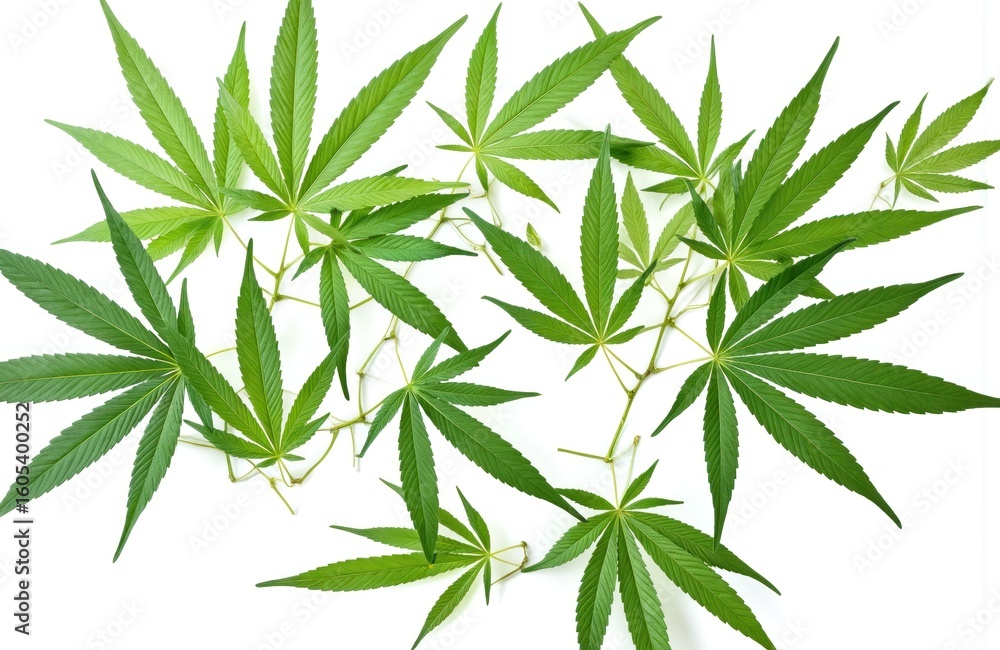 Fototapeta premium Green cannabis leaves scattered across clean white background. Distinct palmate leaves, symbol of nature, relaxation, feature serrated edges, vibrant green hue. Ideal for designs related to health,