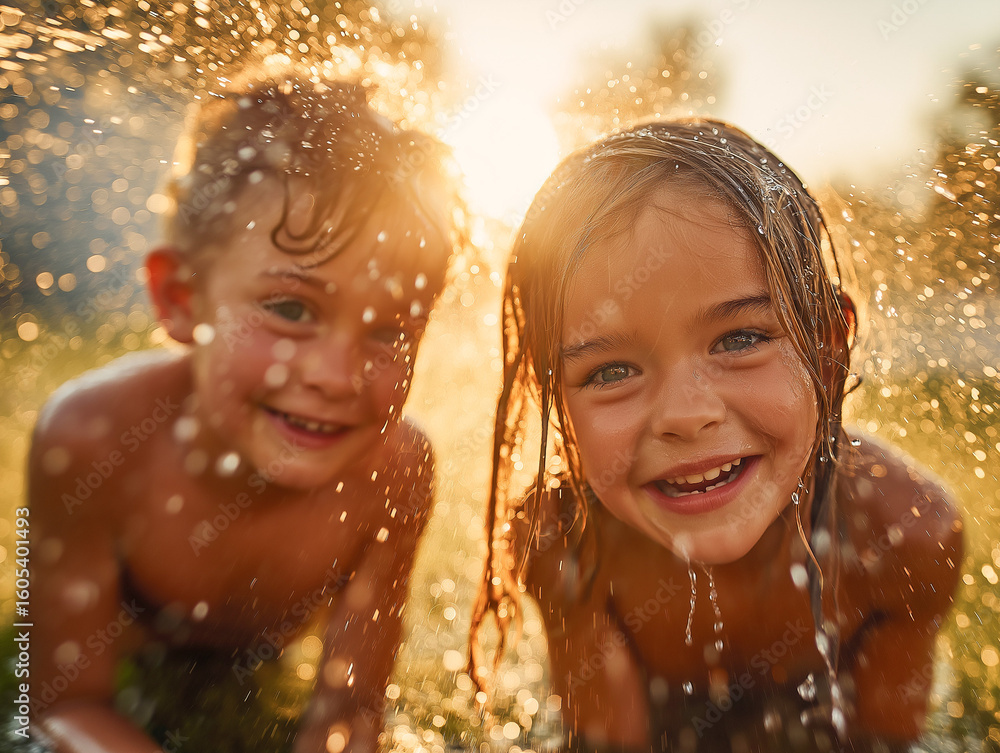 Obraz premium Smiling kids splashing together in warm golden light during a summer day. Captures pure joy, freedom, and outdoor childhood moments. Ideal for lifestyle and family themes.