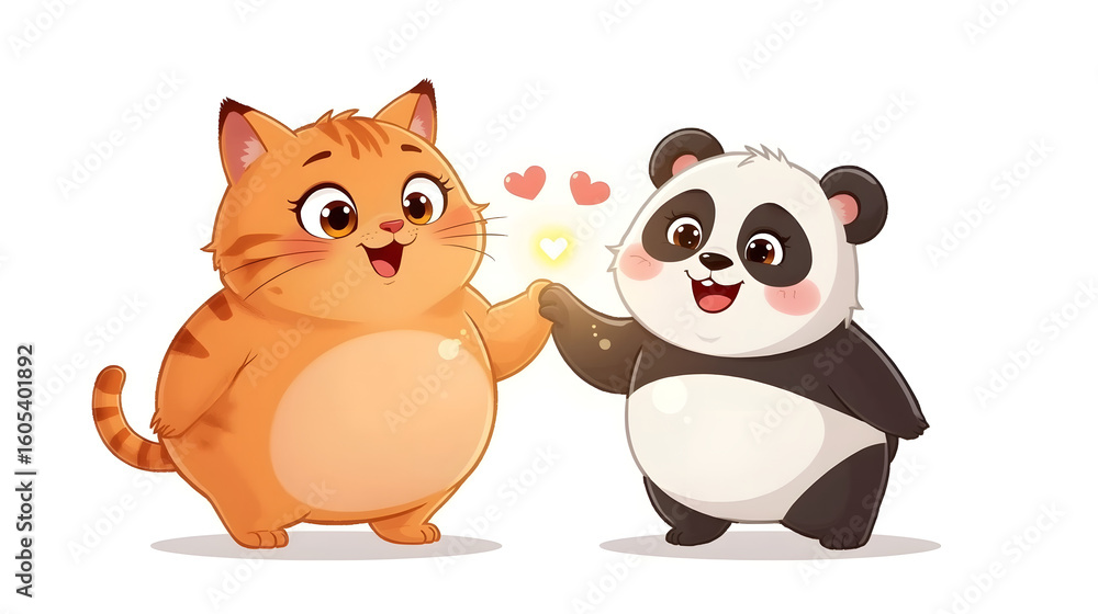 Obraz premium Cute Cartoon Cat and Panda Holding Hands with Love