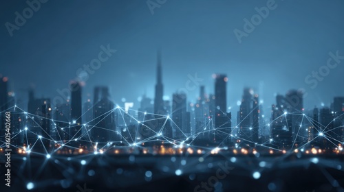 Wallpaper Mural Abstract city skyline silhouette with glowing connection nodes against a blue gradient backdrop Torontodigital.ca