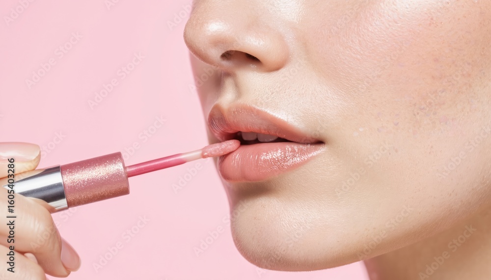 Naklejka premium Close-up of lips receiving glistening lip gloss application in studio setting. Skincare concept promotes radiant, aglow skin with smooth, soft, hydrated moisture for a delicate feminine glamour.