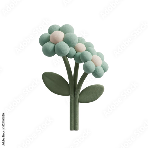 Charming 3D render of a stylized flower with mint green petals and light pink centers, featuring two blooms on dark green stems and leaves, isolated on a clean white background