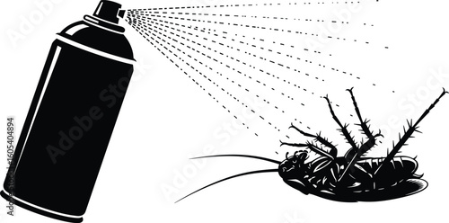 Cad drawing flat vector illustration, insecticide spray on cockroach silhouette, pest control action, toxic effect, extermination concept