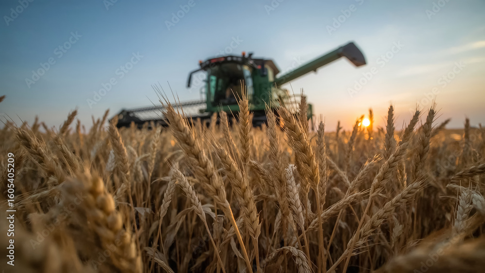 Fototapeta premium combine harvesting ripe wheat in field, agriculture
