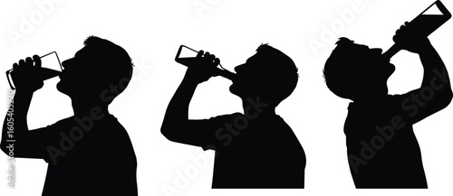 Cad drawing flat vector illustration, person drinking from bottle silhouette, sequential tilt poses, hydration motion, human action, liquid intake