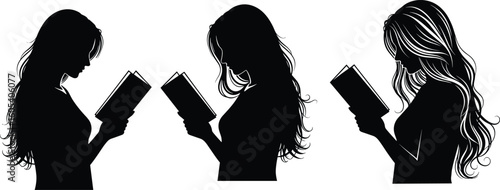 Cad drawing flat vector illustration, people reading book silhouettes, female figures with long hair, focused posture, educational pose sequence