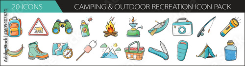 Camping and Outdoor Recreation Doodle Icon Set - Hand-drawn icon pack featuring camping gear, nature tools, and outdoor essentials—perfect for hiking, survival guides, and travel content.