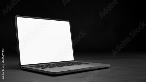 3D render mockup of modern laptop computer with blank white screen on dark black background