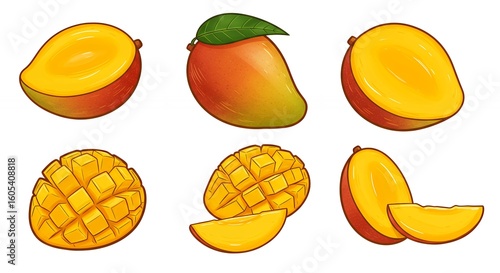 Mango slices and whole mangoes illustration