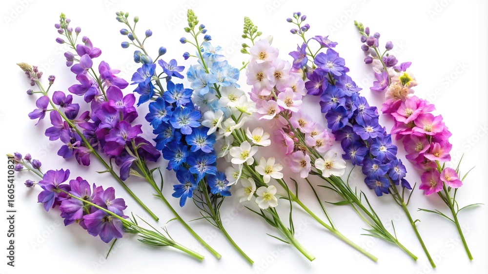 Fototapeta premium Beautiful display of colorful delphinium flowers in a row on white background