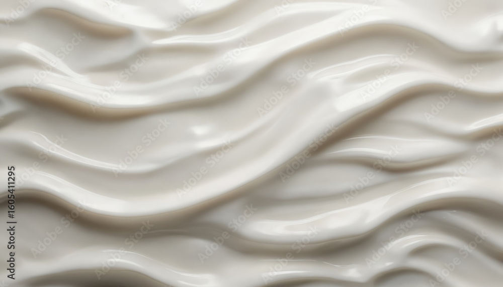 Fototapeta premium Abstract white cosmetic cream texture with smooth, flowing waves creating soft, clean, elegant background. Dynamic liquid motion, undulating surface evoke beauty, luxury, perfect for cosmetic