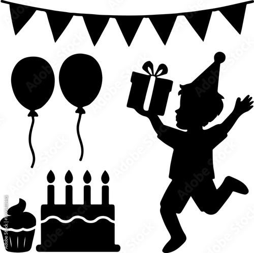 Joyful silhouette of a child in a party hat holding a gift box surrounded by balloons birthday cake and bunting flags