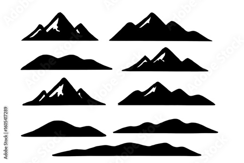 Collection of stylized black mountain silhouettes, varying in shape and size.