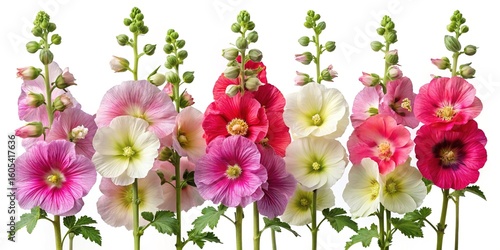 Elegant display of colorful Hollyhock flowers in full bloom on white background