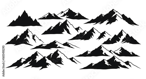 Collection of mountain silhouettes in black and white, showing various peaks and ridges.