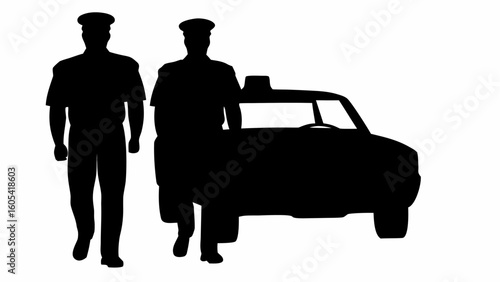 Silhouette of two taxi drivers standing next to a taxi cab on a white background in a simple design