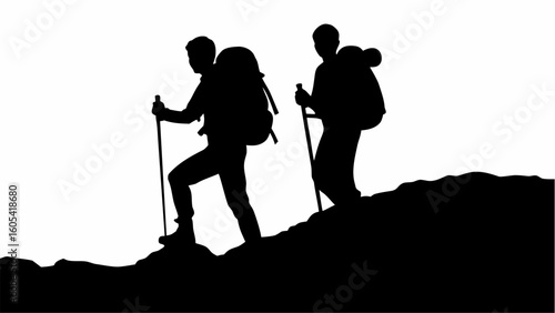 Silhouette of two hikers with backpacks and trekking poles climbing a mountain against a white background