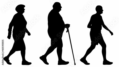 Silhouettes of three elderly people walking with different styles and aids in a black and white image
