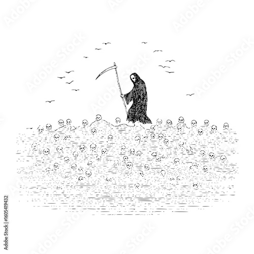 A grim reaper stands in a sea of skulls holding a scythe with birds flying above in a monochrome drawing