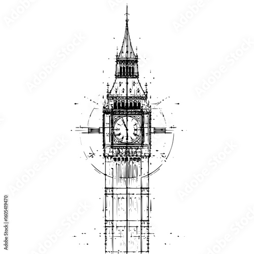 Detailed sketch of the elizabeth tower in london with clock face and architectural details displayed fully