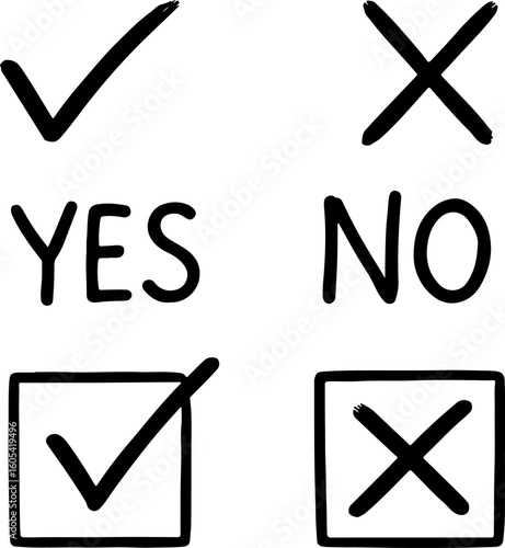 Hand drawn checkmark and cross symbols with the words yes and no indicating a choice or decision on a white background