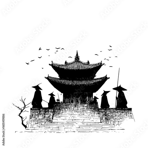 Illustration of a pagoda with figures in conical hats on a stone structure with birds flying above it