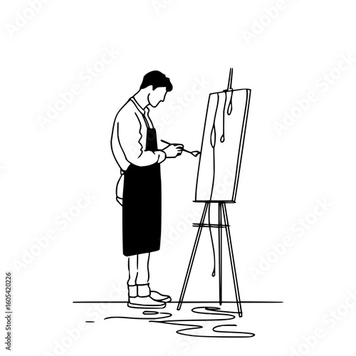 Line drawing of an artist in an apron painting on a canvas with an easel in a studio setting art work