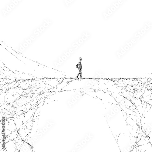 A lone figure walks across a bridge of interwoven branches in a high contrast black and white scene
