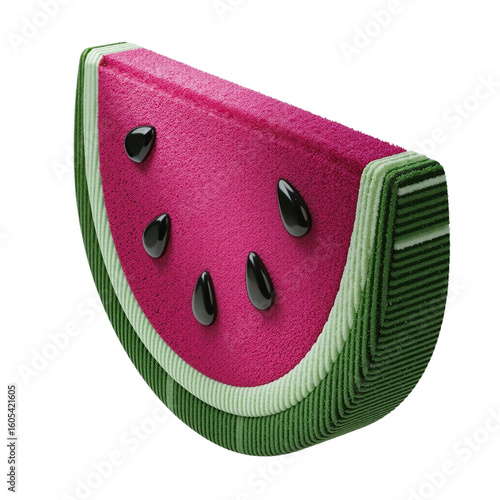 Vibrant 3D watermelon slice illustration with textured pink flesh and black seeds, featuring a layered green rind, isolated on a clean white background, perfect for summer designs.