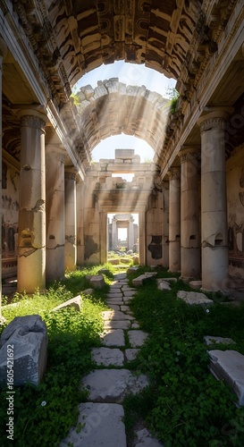 Sunbeams stream through ancient ruins.