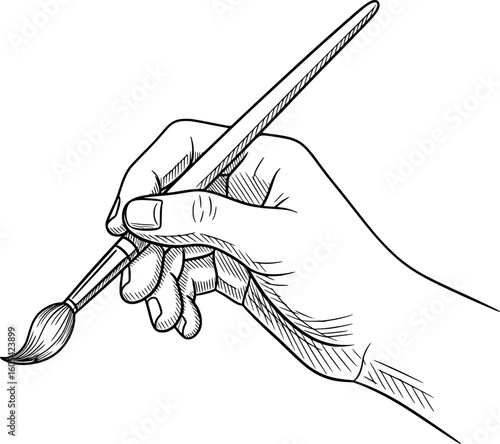 Hand holding paintbrush icon, outlined sketch with hand-drawn style