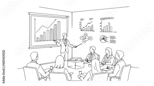 Corporate team meeting, analyzing performance metrics and growth projections with a detailed presentation