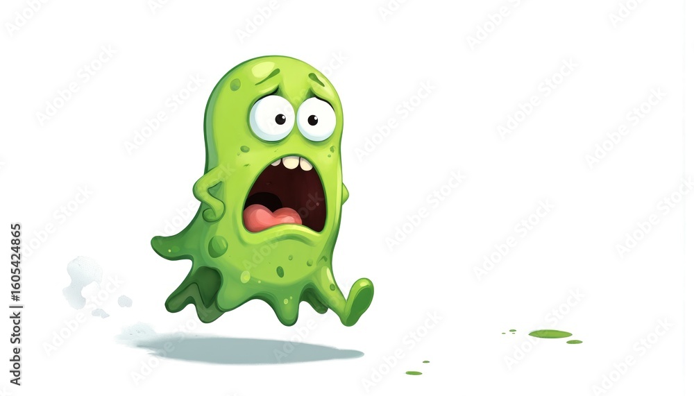 Fototapeta premium Cute cartoon germ character running scared with wide eyes, open mouth. Funny microbe with green blob body, short legs, illustrated in panicked escape pose. Great for health, hygiene, science themes.