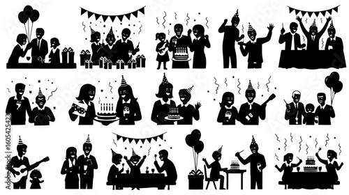 Assortment of birthday party silhouettes showing families and children celebrating, isolated on white background