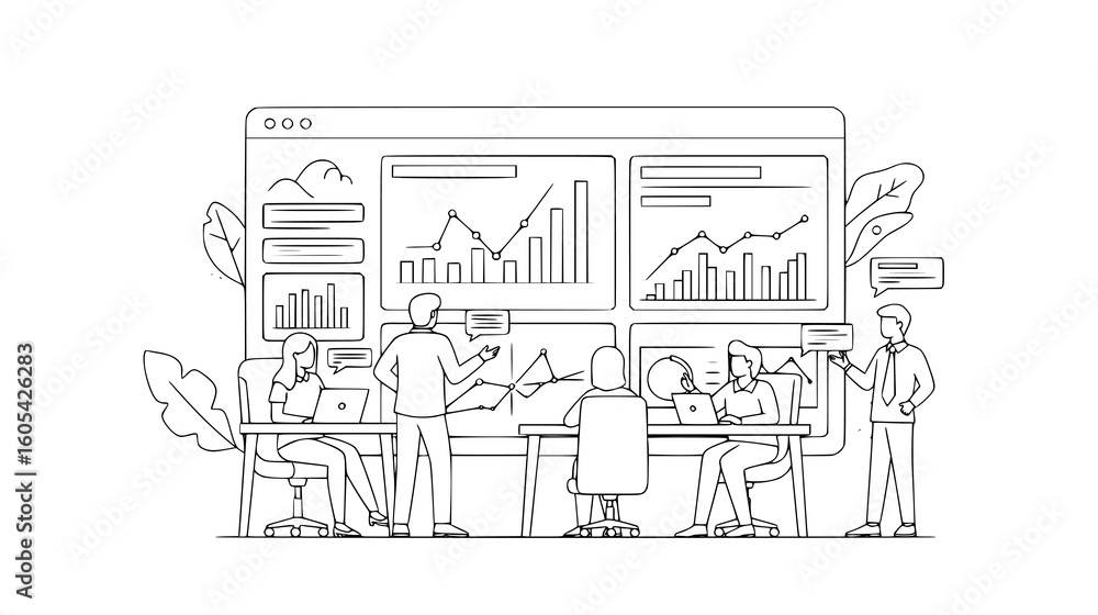 Naklejka premium Business team collaborating around a table, analyzing data and charts on a large screen during a meeting