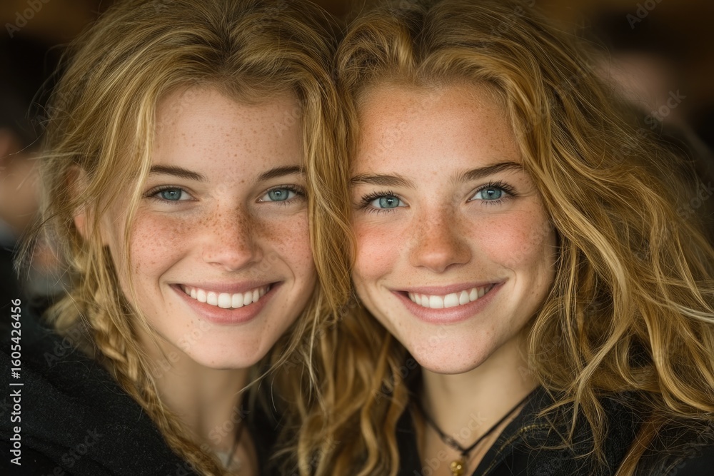 Two joyful young women, identical twins, sharing a wide bright smile and looking forward with sparkling blue eyes, golden blonde hair and natural freckles. Two joyful young women, identical twins, sharing a wide bright smile and looking forward with sparkling blue eyes, golden blonde hair and natural freckles.